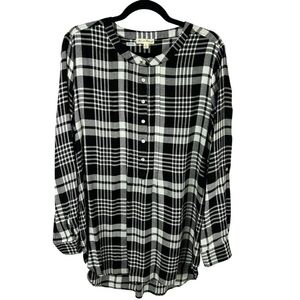 Jane and Delancey Casual Plaid Long Sleeve Popover Tunic Top XL Black White